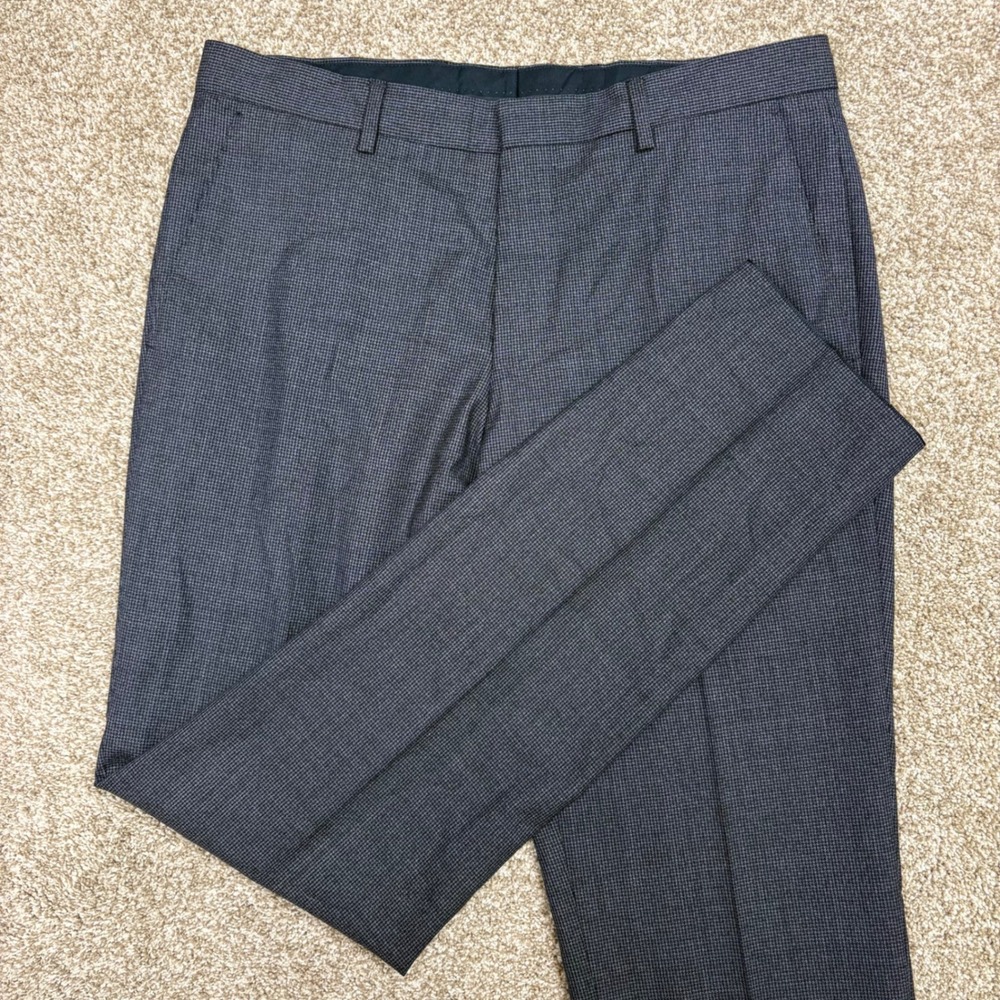 Hugo Boss Genius5 Dress Pants Mens 32R Blue Slim Fit Wool Micro Check Trousers